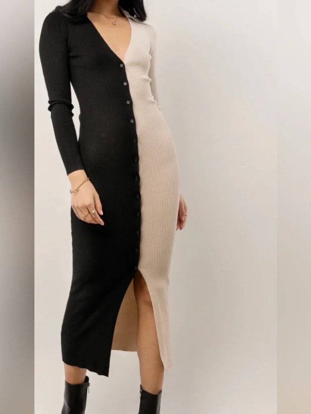 LUSH Black Taupe Colorblock Ribbed Knit Button Front Maxi Dress S